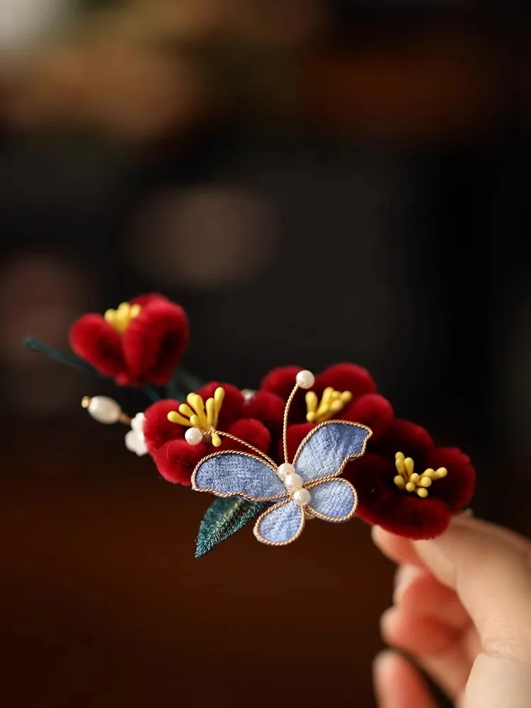 FXLRY Original Handmade Pearl Red Camellia Butterfly Hanfu Hairpin For Women Clip - Image 3