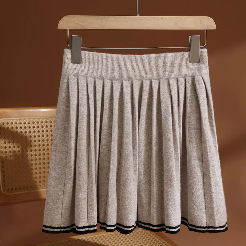 MEELEX Autumn Winter Knitted Woman 100% Merino Wool Pleated Skirt Casual High Waist Color Block Female Striped Short Mini Skirt