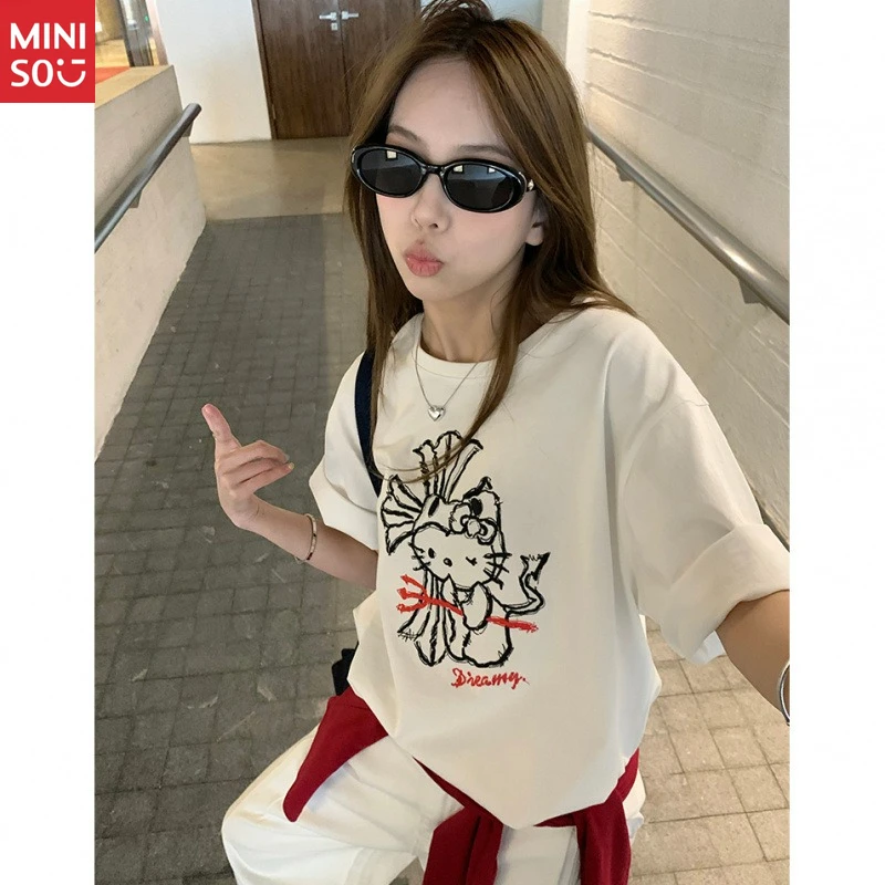 Camiseta de algodón Miniso Hello Kitty, camiseta holgada con borde dulce para verano