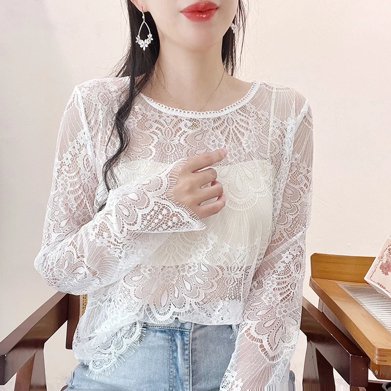 

Lace Base Layer irt Women's Cover up 2025 New Inner Wear Lace Trim Me Hollow out Long Sve T irt Beautiful Top