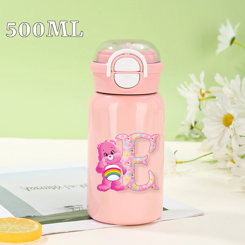 Care Bears Isolier-Wasserflasche, Kawaii Anime, 26 Buchstaben, bedruckt, Wasserbecher, tragbar, auslaufsicher, Sportflaschen, Trinkbecher, Geschenk