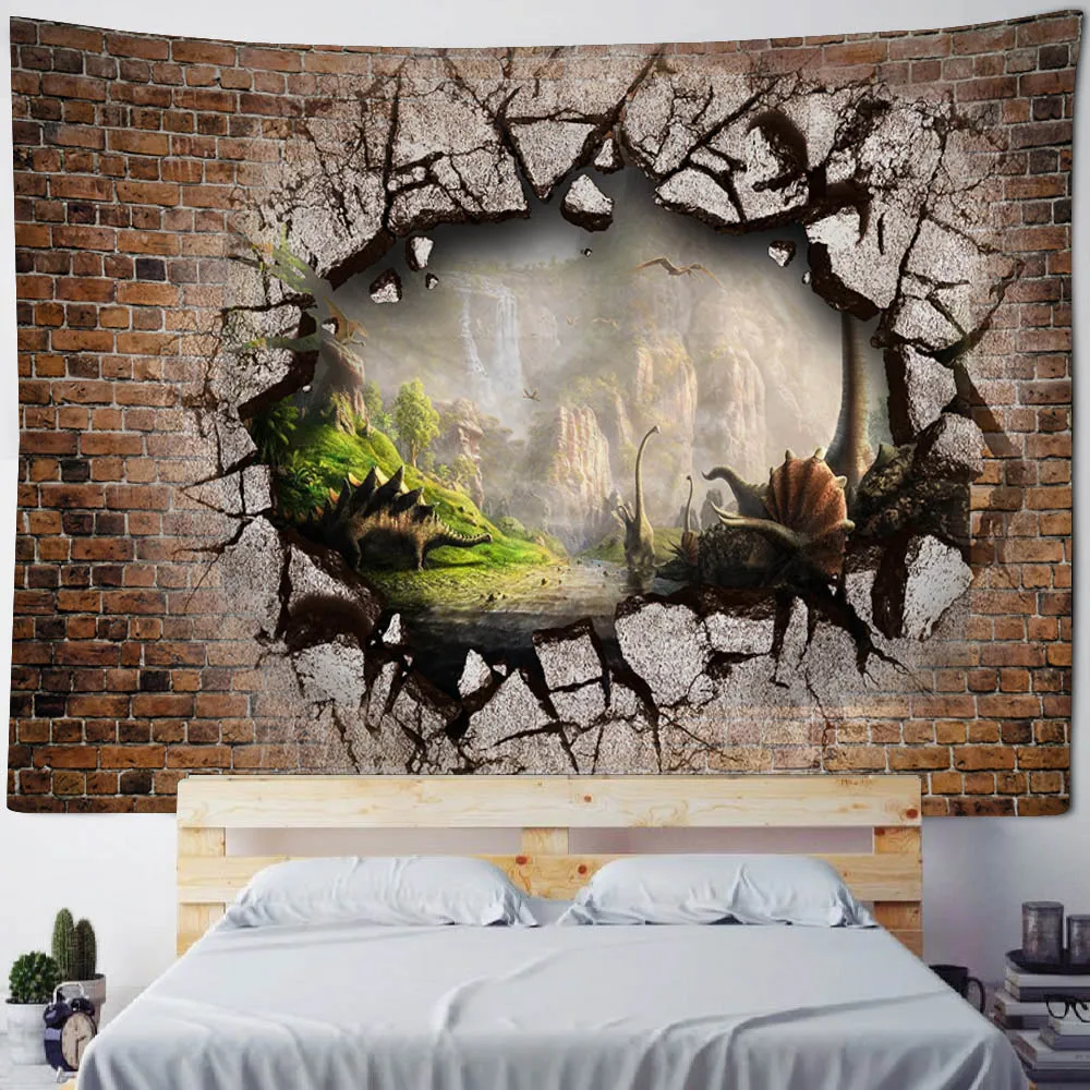 3D stone wall dinosaur landscape tapestry wall hanging cartoon home decoration background cloth dormitory living room bedroom