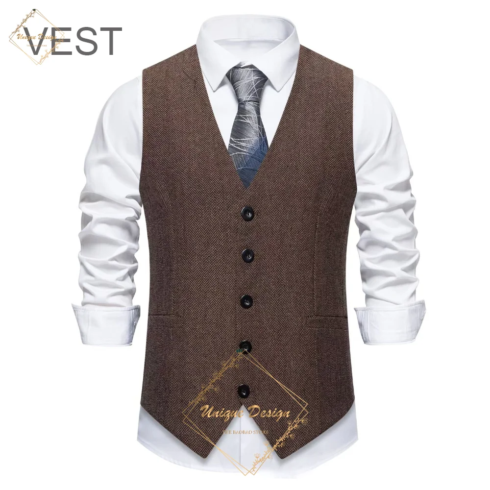 Premium men\'s 3-piece suit brown single-breasted jacket pants herringbone vest custom for wedding groom ball party outdoor event