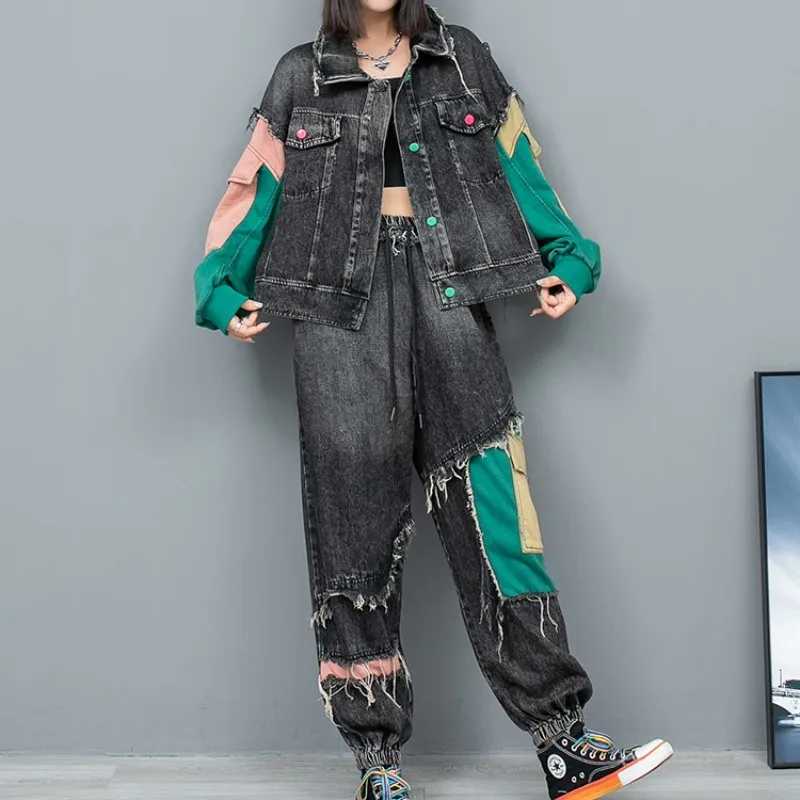 

2024 Spring Autumn New Color Blocking Patchwork Denim Lapel Long Sleeved Jacket + Straight Leg Pants Two-piece Set Women LX700