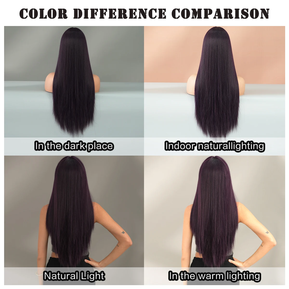 7JHH WIGS Brunette Wig Long Straight Middle Part Dark Purple Wig for Women Daily High Density Synthetic Heat Resistant Hair Wig