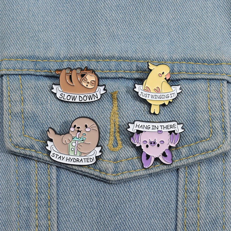 Funny Cartoon Animal Enamel Pins Sloth Slow Down Brooches Lapel Badge Cute Bat Otter Stay Hydrated Lapel Badge Gift for Frineds