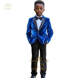 Boys Velvet Suit Jacket Pants Set Blue Slim Fit Formal Wedding Prom Outfit Size 2-16 Kids 2 Piece custom Tuxedo, birthday gifts