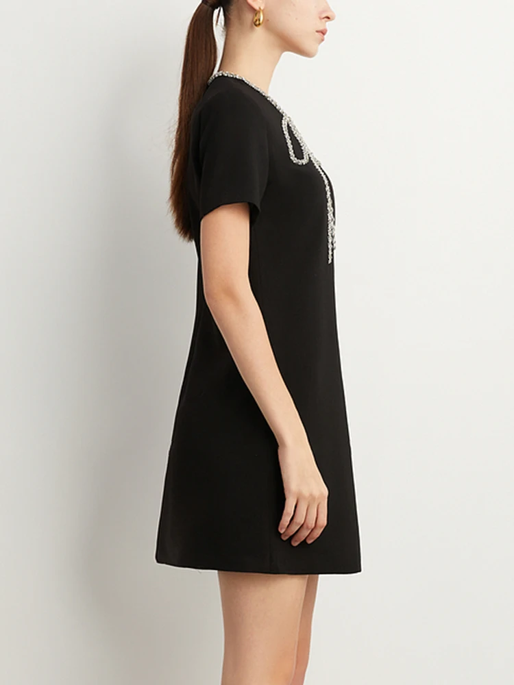 TWOTWINSTYLE Spliced Zipper Elegant Dresses For Women Round Neck Short Sleeve High Waist Solid Patchwork Diamonds Dress Female