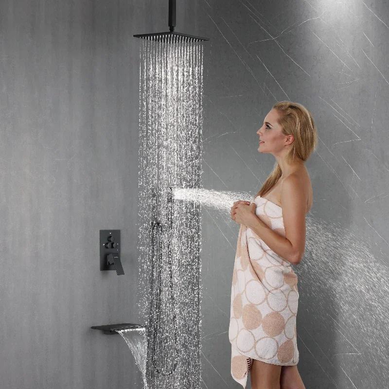 YYHC-Black Luxury Fashion Brass concealed shower Waterfall Rain Bath Bath 180 Rotary square brushed Gold bath shower set