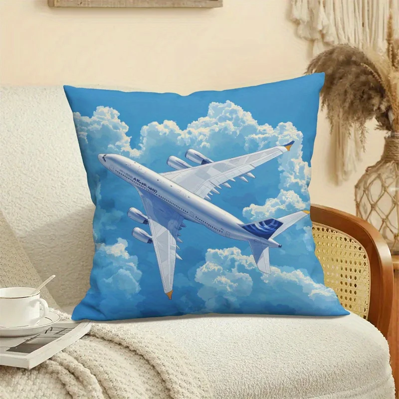 Airplane Flying in Clouds Double-Sided Pillowcase, Aviation Sky Scene Cushion Cover with Zipper, Washable Decor Case for Sofa