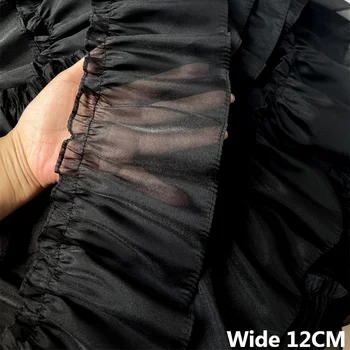 Tissu en dentelle à volants en organza 3D, fil pailmétrage blanc et noir, ruban à volants, garniture de vêtements, ourlets, rideaux, bricolage, décoration de couture, 12cm de large