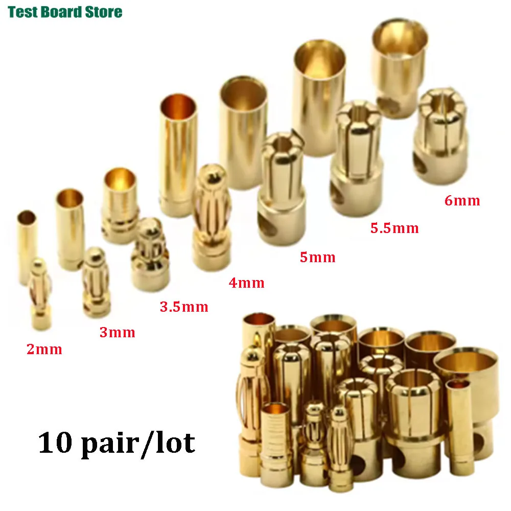 10 Pair/Lot 2.0mm 3.0mm 3.5mm 4.0mm 5mm 5.5mm 6.0mm Gold Bullet Banana Connector Plug for ESC Lipo RC Battery Plugs