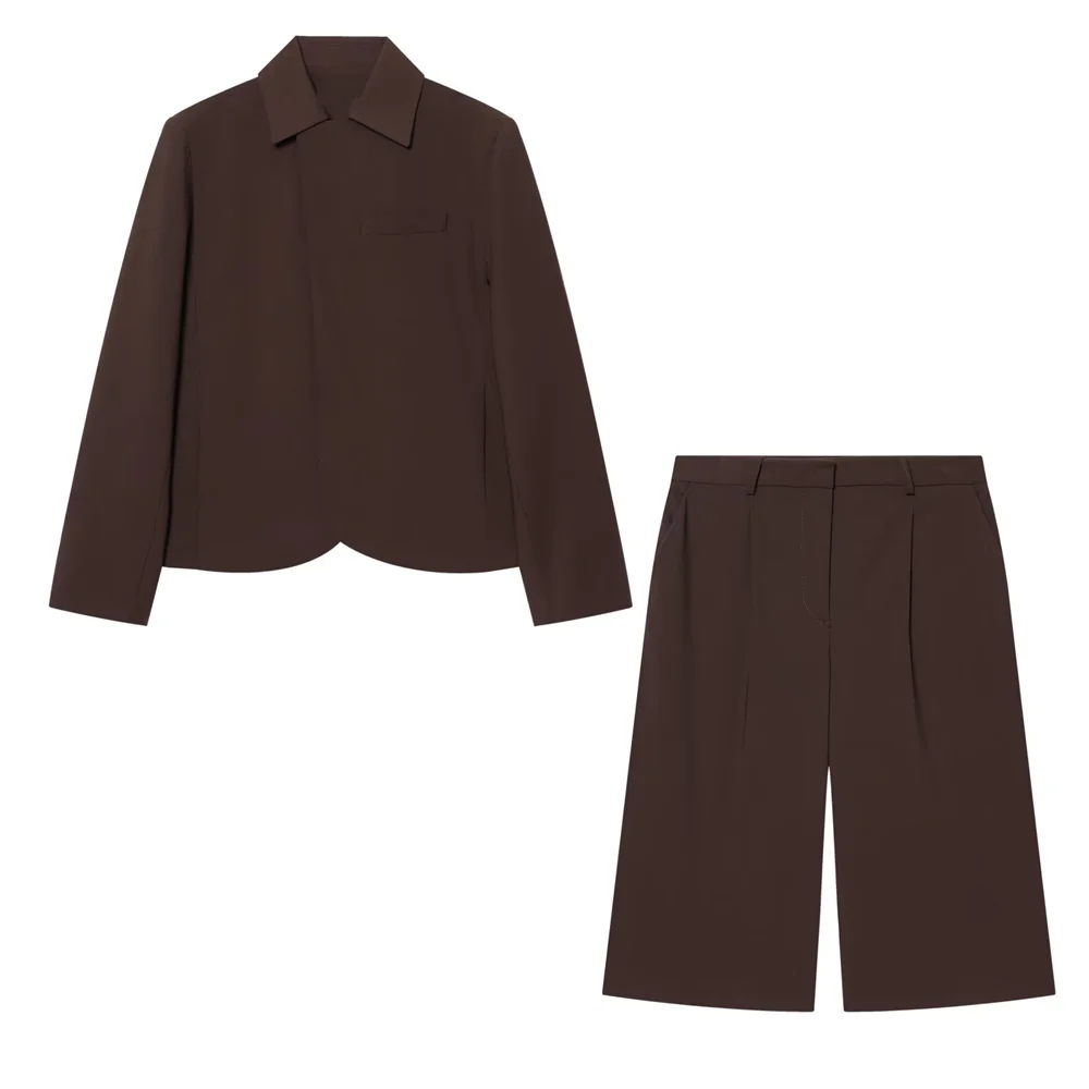 

2026 new women's lapel long sleeved double breasted suit jacket, high waisted pleated long casual shorts