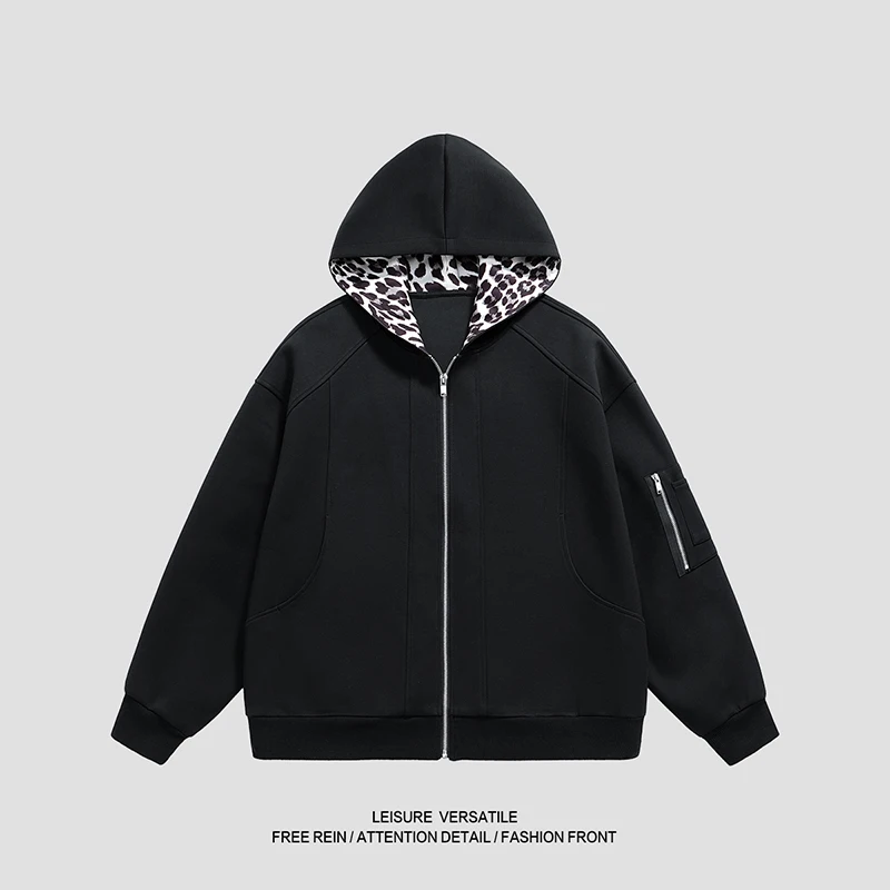 

Men's Trendy Leopard-Accented Zip-Up Hoodie: Suitable for Campus Walks, Movie Nights with Buddies, and Casual Office Fridays