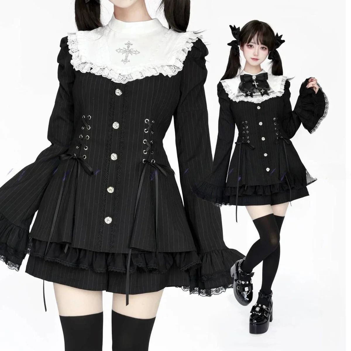 

Японский комплект шорт Y2k, женское эстетичное платье с бантом в стиле Лолиты, готическое кружевное платье-рубашка с расклешенными рукавами и пуговицами, вечерние мини-платье в стиле панк