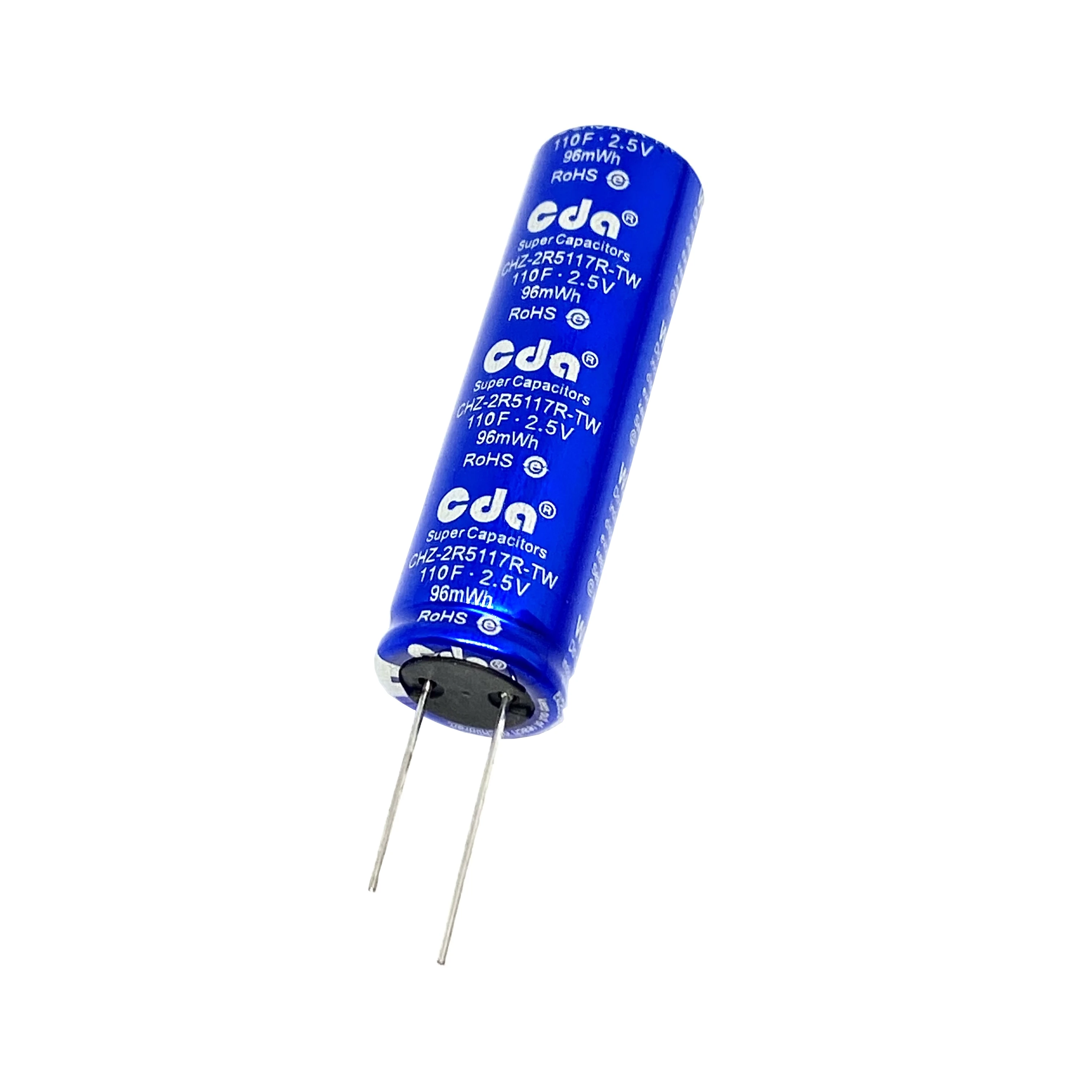 Capacitores super CDA, 2.5V, 110F, CHZ-2R5117R-TW, Capacitor Farad, 18x60mm