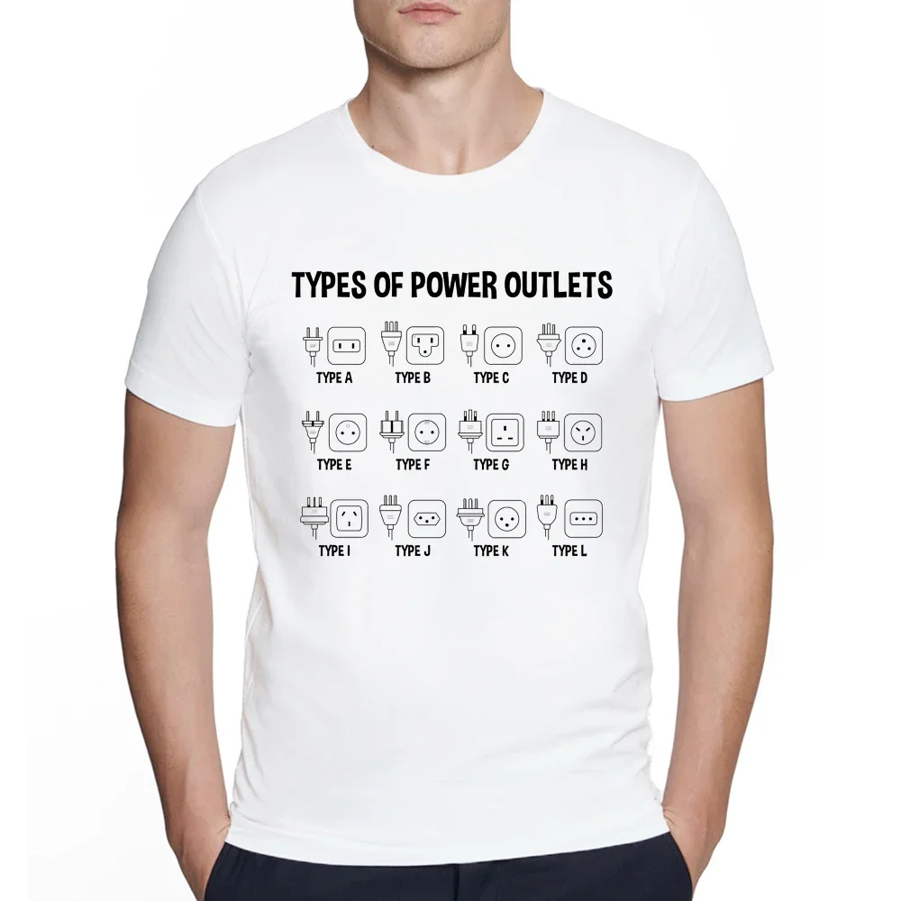 Summer Streetwear Types of Power Outlets Funny Electricians Gift Printed T-Shirts Novelty Design Casual Hip Hop T-Shirt Tops