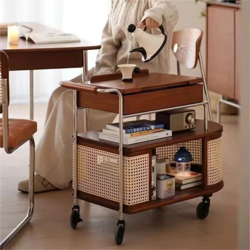 Solid wood mobile with wheel edge few stainless steel storage medieval trolley living room storage rattan storage simple