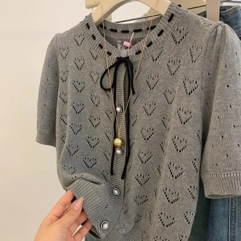 

Летний ажурный новый серый вязаный кардиган, осенние повседневные универсальные топы Mujer, летние свитера с короткими рукавами, укороченная футболка Mujer