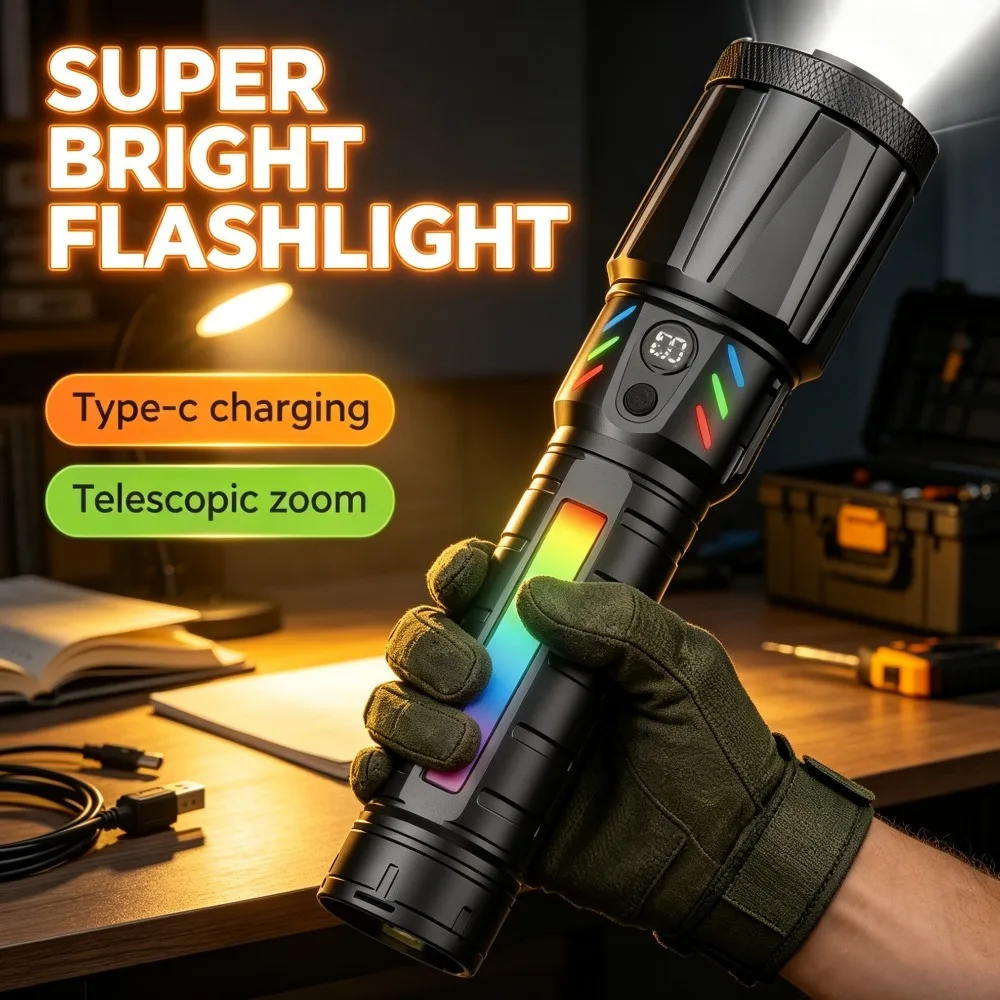 New Zoomable Long Range Flashlight Colorful Bright Large Capacity Portable Torch for Night Hiking Camping Emergency Lighting
