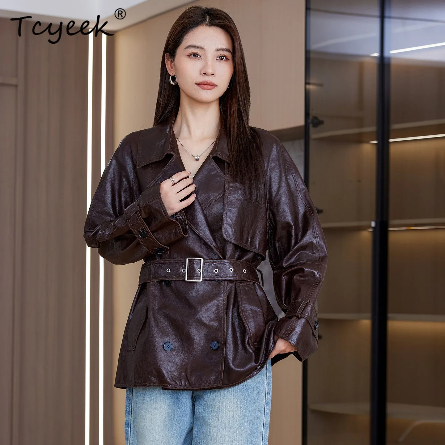 Tcyeek Real Leather Jacket Women Spring Autumn Clothes Belt Natural Sheepskin Coat Casual Woman Coats  Fashion Jaqueta Couro
