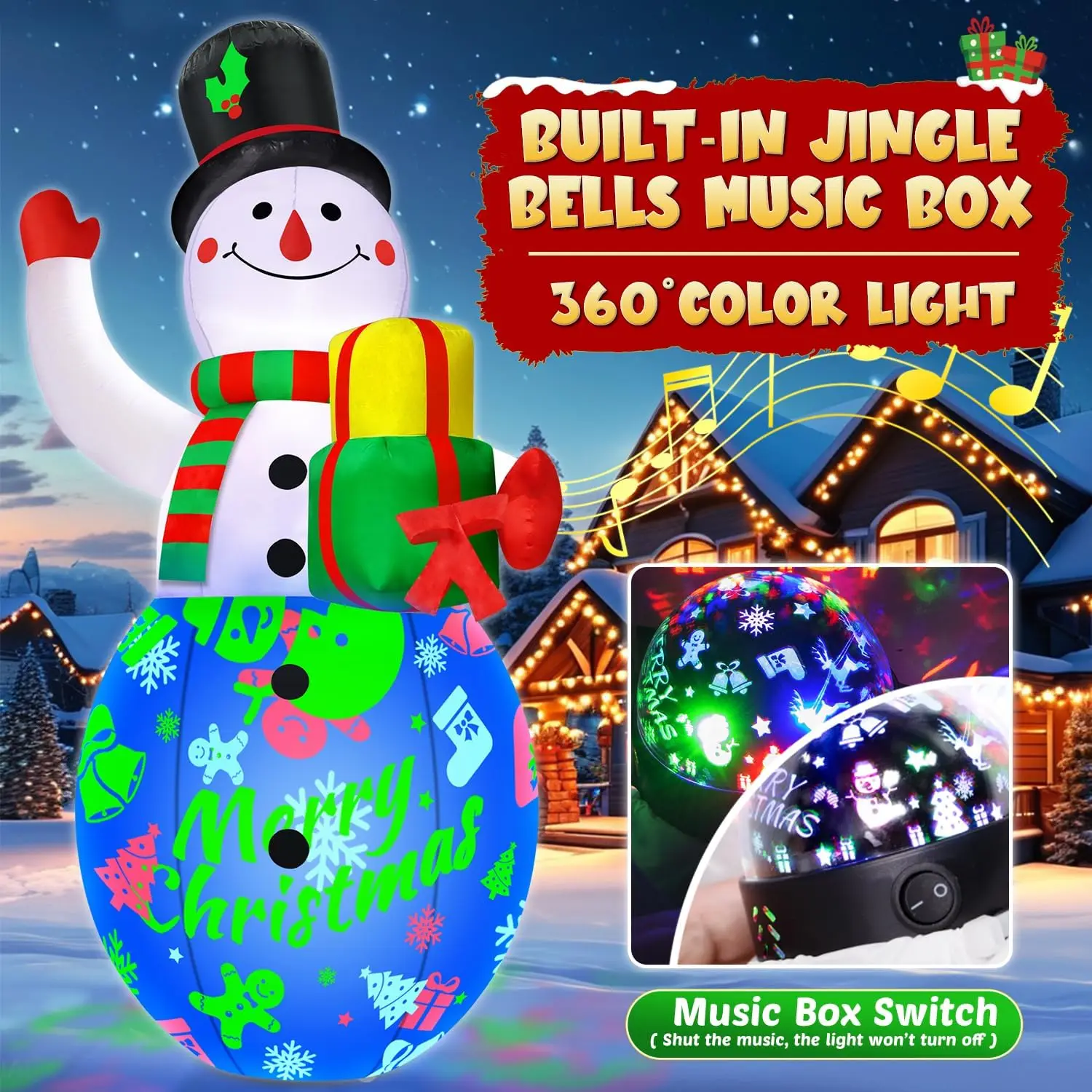 Giant 12FT Christmas Inflatable Snowman Yard Decoration with Jingle Bells Music Box, 360-Degree Rotating 3-Color LED Lights, Blow-Up Outdoor Holiday Display