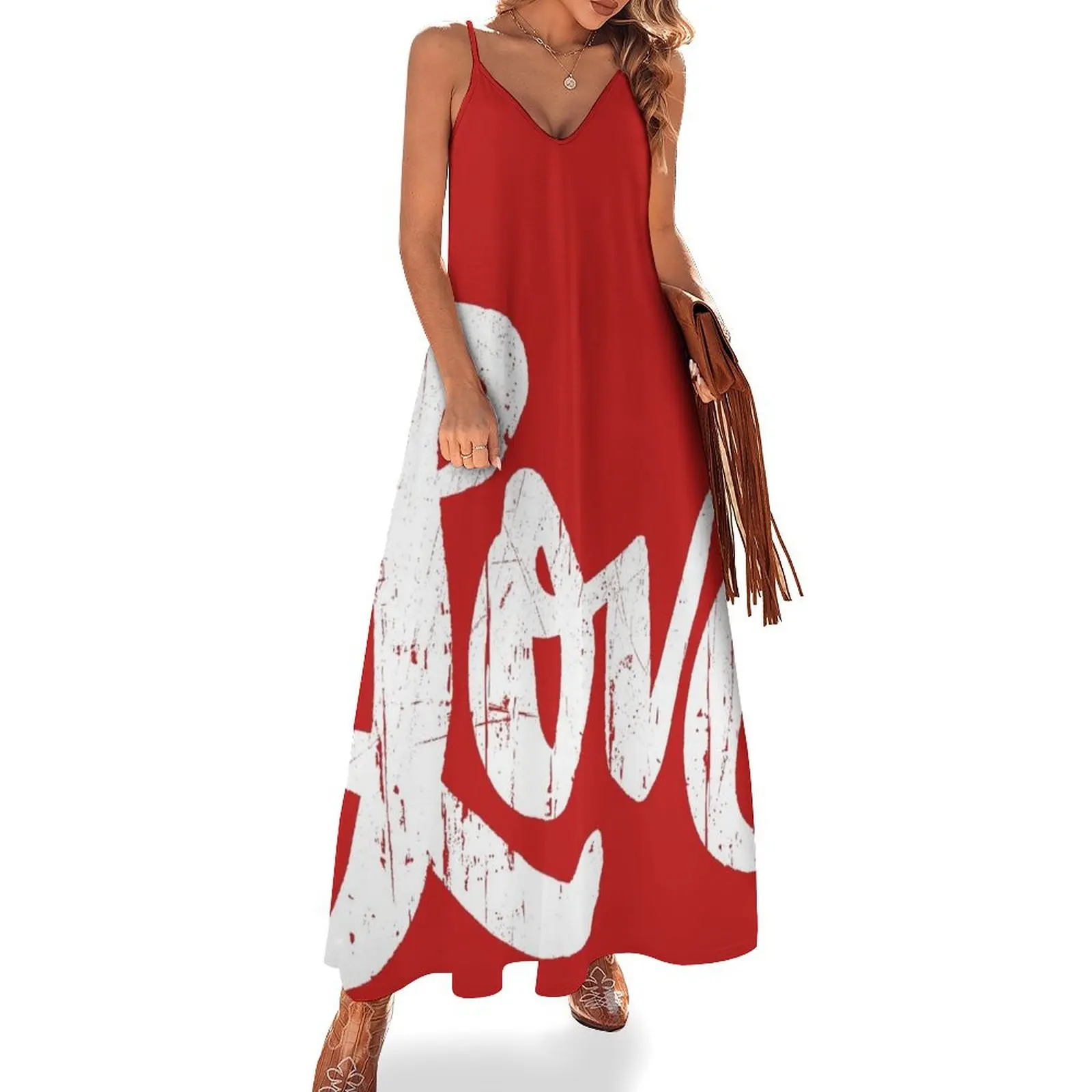 

Hippie Love Lettering - Modern Distressed Calligraphy for Valentine - Red White Sleeveless Long Dress dress summer Dress