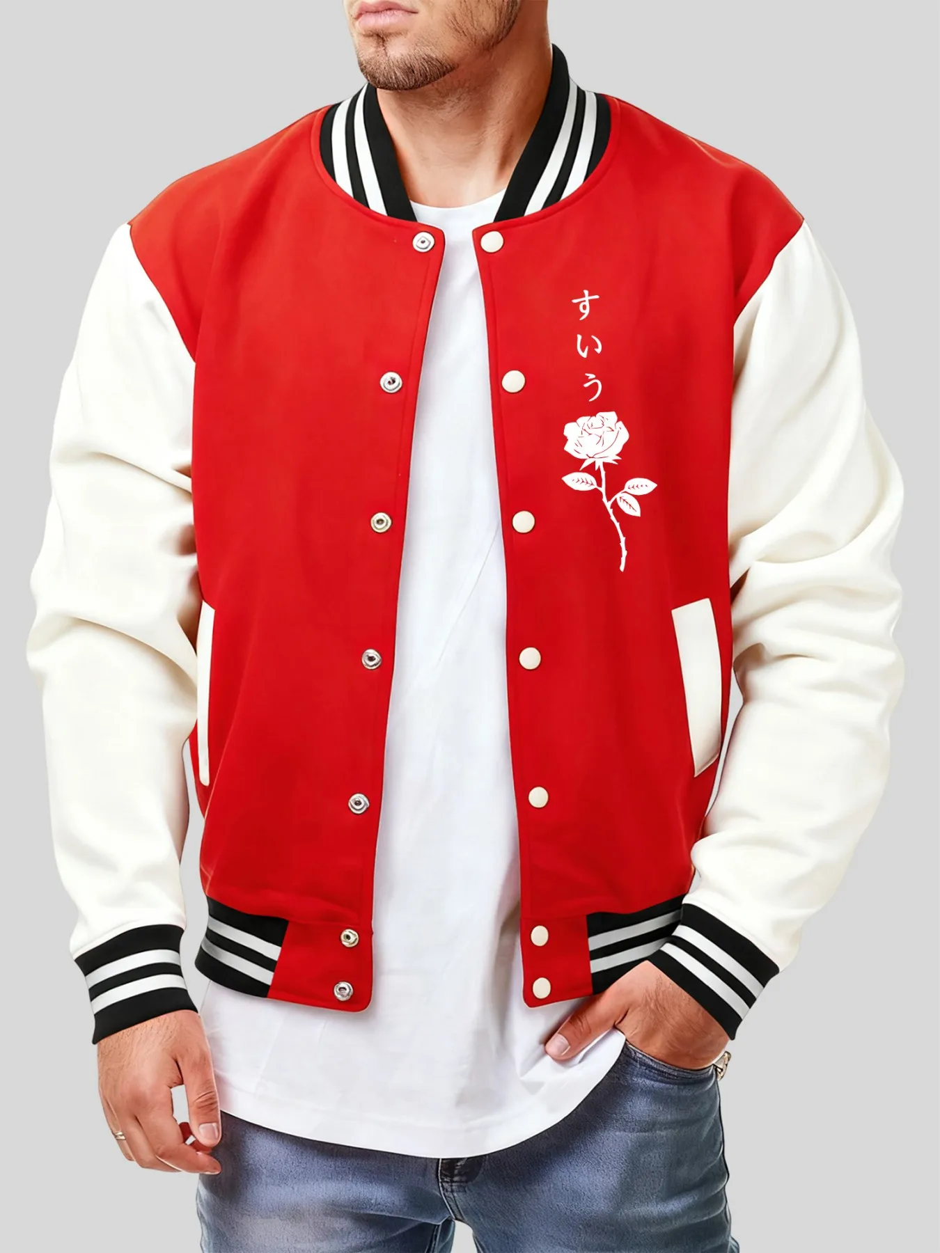 

White Rose Print Jackets Men Hip Hop Personality Baseball Jersey Fashion Clothes Fleece Pullover Y2K Menswear Autumn Coat