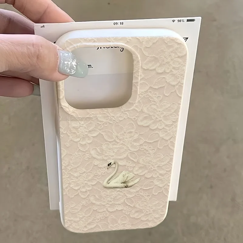 Lace Swan Pattern Lychee Texture Phone Case For iPhone 17 16 15 Pro 14 13 12 11 Pro Max 16 15 14 Plus 17 Air Silicone Soft Cover view 2