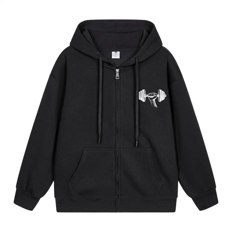 

Men's Zip-Up Hoodie Barbell Design On Black Hoodie 2025 New Style Casual Couples’ Style Casual and Loose