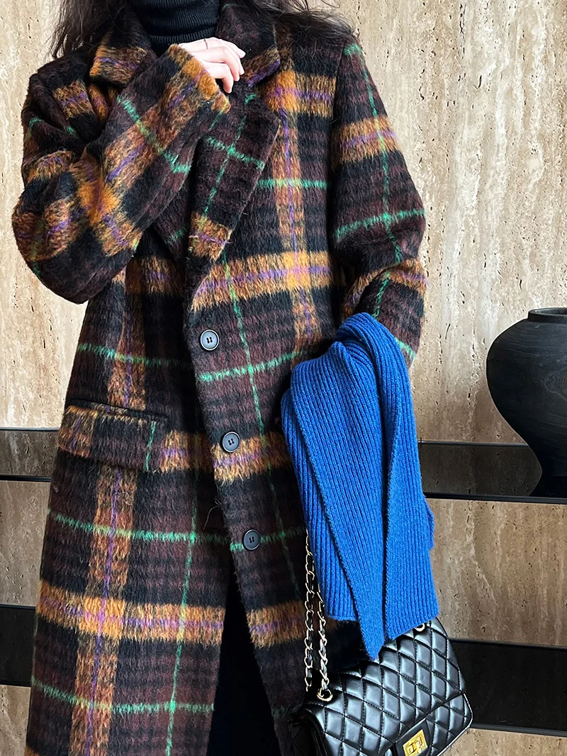 Tesco Plaid Wool Coat For Women 2023 Winter Loose Casual Full Sleeve Blazer Trench Korean Fashion Senior Medium Length Outerwear