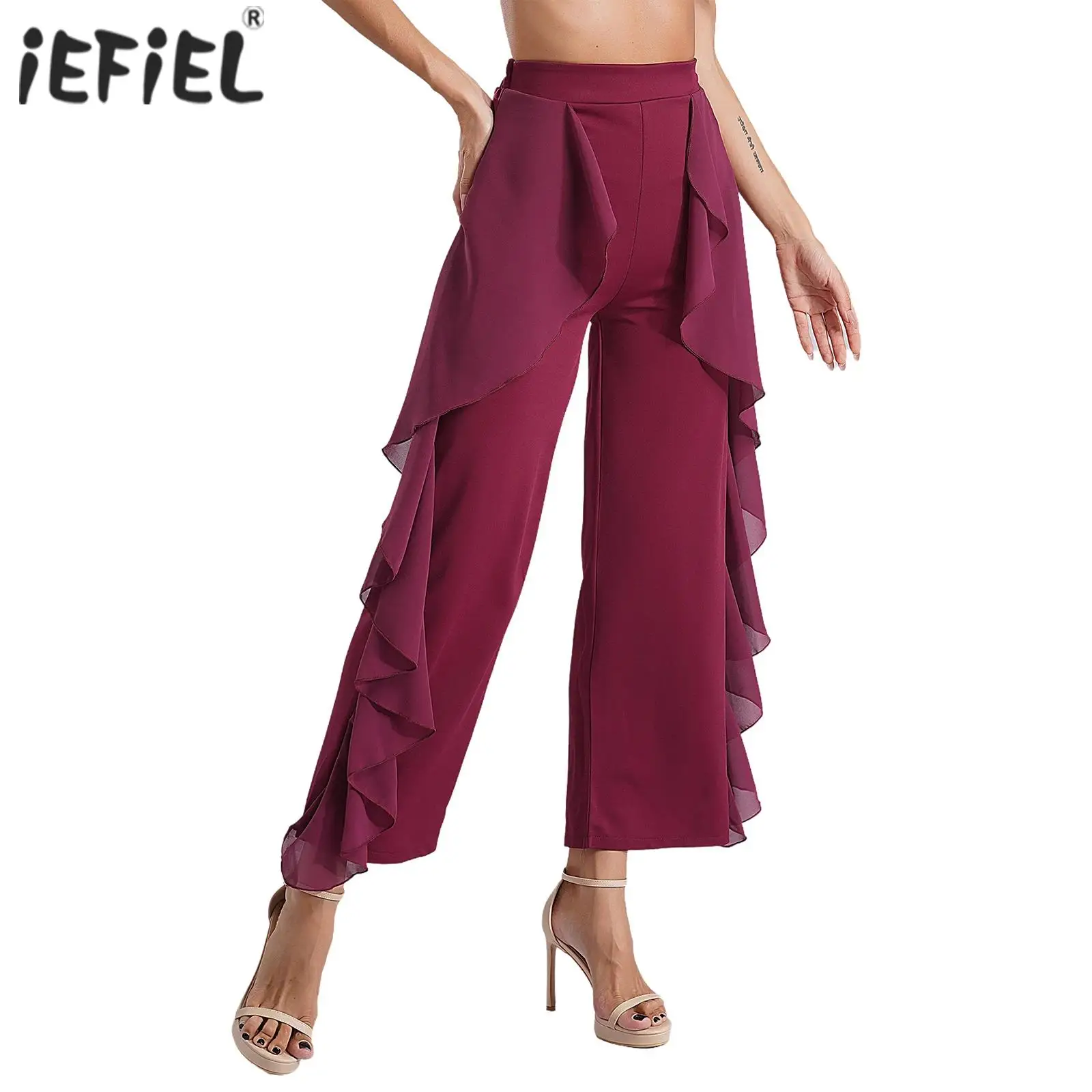 

Womens Lyrical Dance Pants Ruffled Drape Dance Conpetition Pants High Waist Wide-Leg Trousers for Dancewear Stage Performance