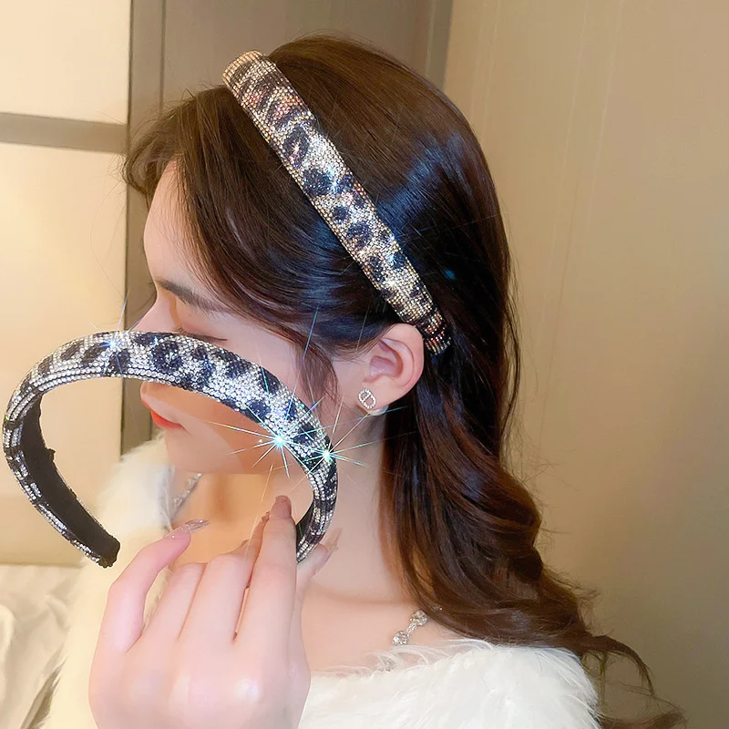 Shiny Full Rhinestone Headbands Leopard Color Hairbands Velvet Headwear for Women Hair Accessories Jewelry