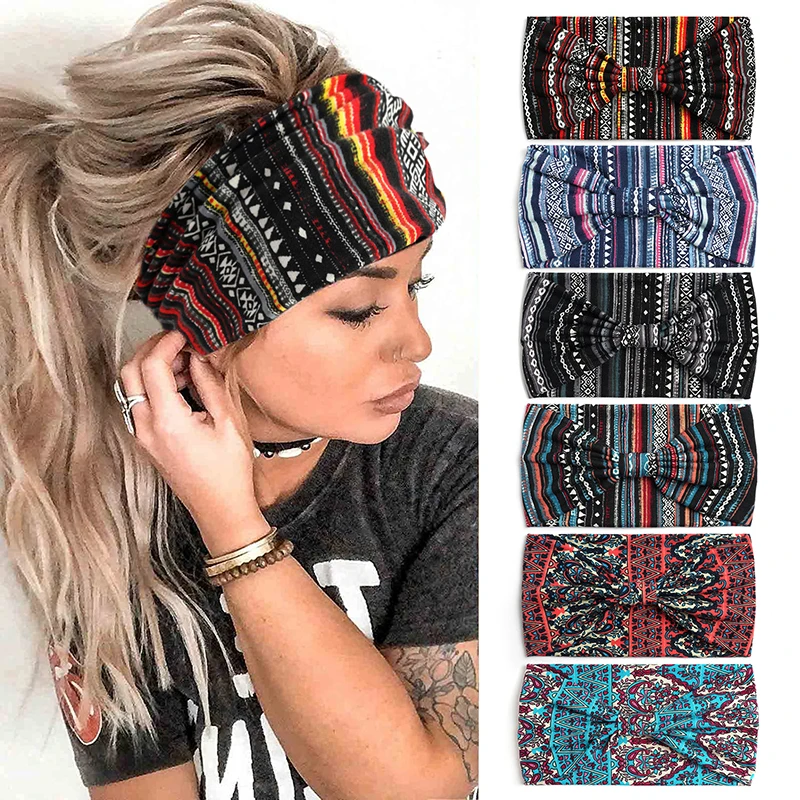 Wide Boho Headbands for Women Girls Elastic Turban Headwrap Knot Non-Slip Hairbands Sport Yoga Running Headband Hair Accessories