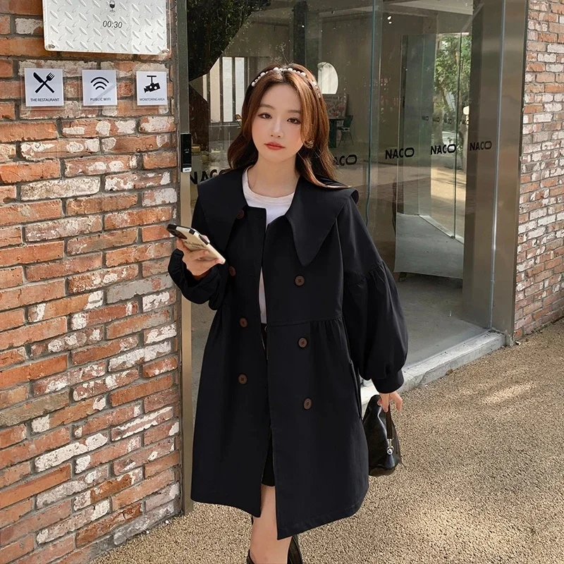 

2025 New Women Trench Coat Lantern Sleeve Windbreaker Outerwear Spring Autumn Korean Doll Collar Version High-end Casual Coat