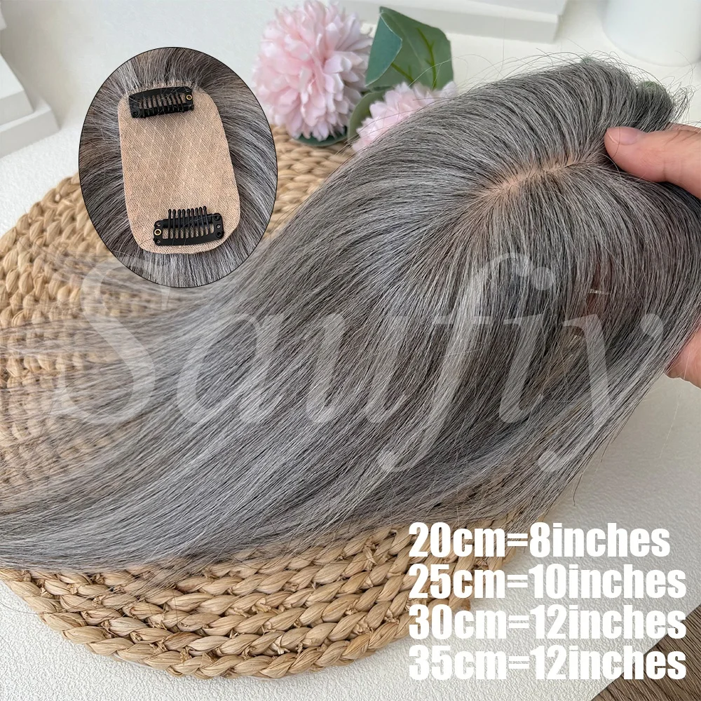 Women Short Gray Human Hair Toppers With Bangs Real Human Hair 5x9cm Seamless Invisible Clip in Human Hair Toppers for Thinning Hair to Add Volume Natural White Gray Straight Hair Topper Human Hairpieces to Add Volume