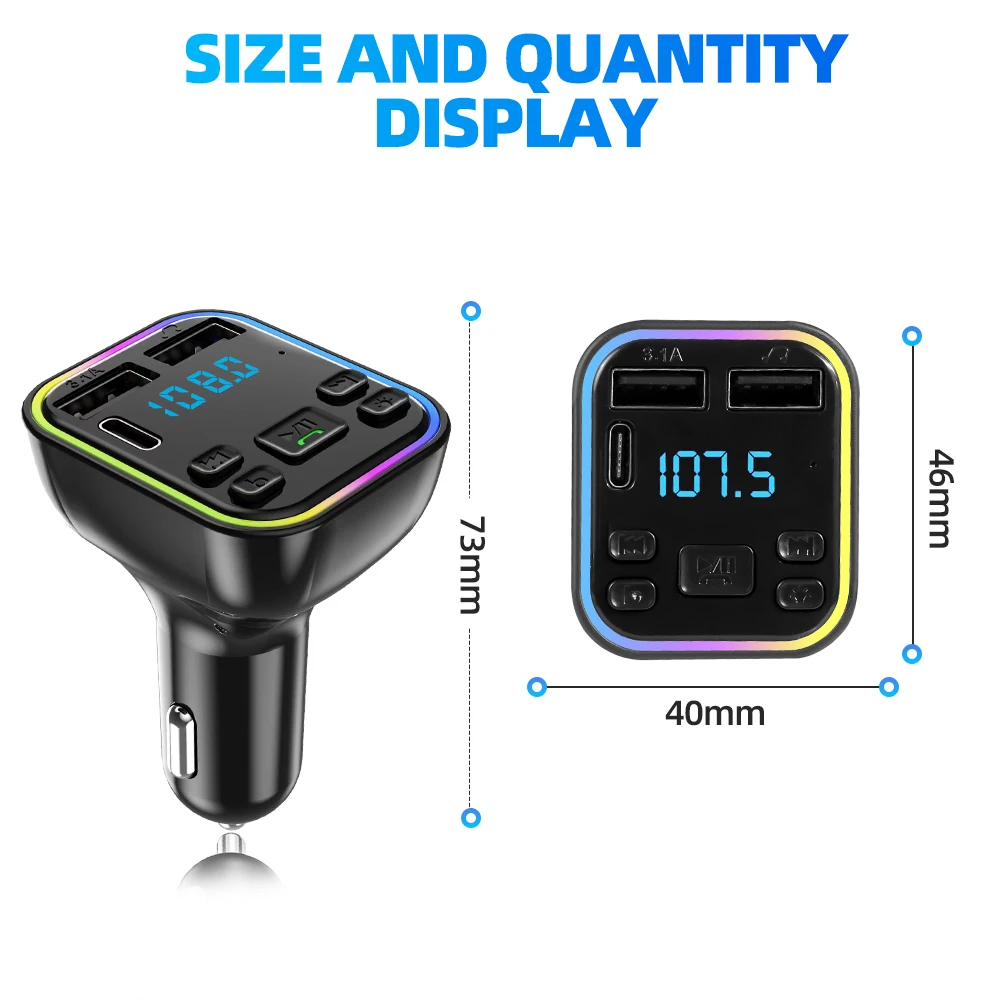 سيارة بلوتوث 5.0 FM الارسال سريع USB نوع C شاحن هاتف السيارة الملونة يدوي دعوة سيارة كيت مشغل Mp3 دعم TF بطاقة