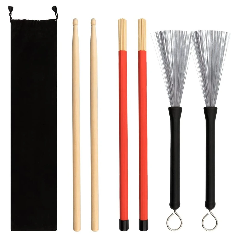 1Set 5A Maple Drumstick Retractable Wire Steel Drum Brush Professional Percussion Waterproof Bag