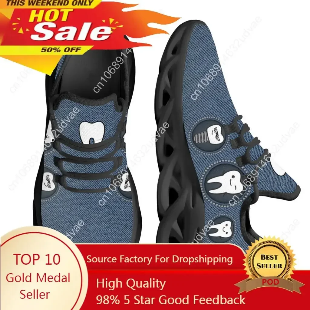 

Funny Dentist Teeth Print Women's Flat Shoes Blue Lace-up Sneaker Summer Breathable Kint Footwear For Teen Girls