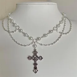 Victorian Gothic Cross Rosary Necklace With Chain Charm Handmade Sacred Pearl Beaded Necklace Layered Necklace