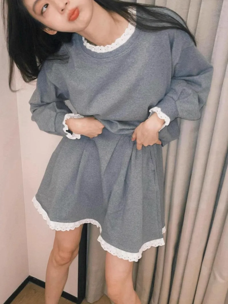 

Ruffle Design Lace Trim round Ne Color Blo Sweatirt Skirt Set Sweet Cool Sle Women's Faion Autumn Collection Cotton...