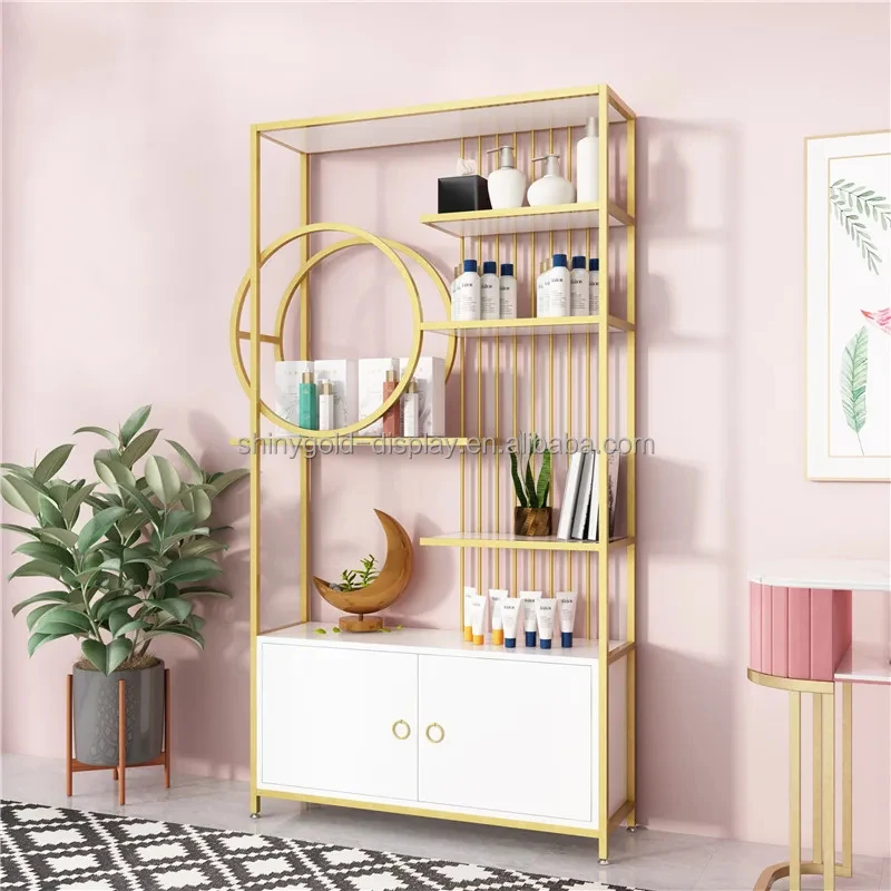 custom.Luxury LED Cabinet Cosmetics Skin Care Product Display Shelf Perfume Shop Display Gold Makeup Shop Salon Display