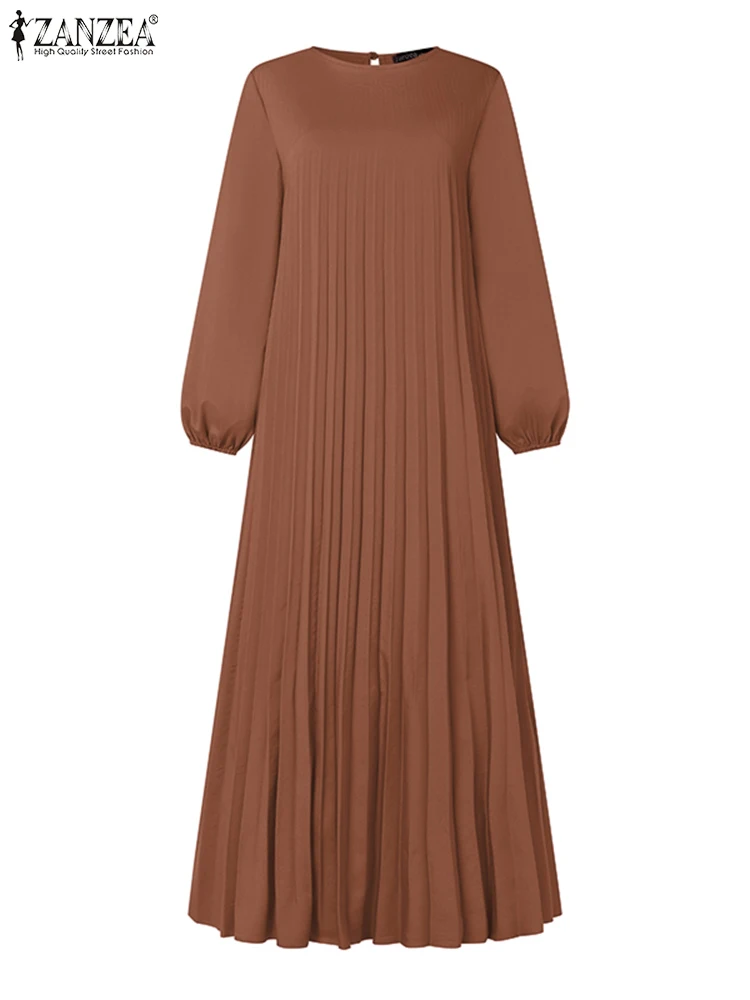 ZANZEA Autumn Women Fashion Solid Muslim Dress Robe Femme Casual Loose Dubai Abaya Vestido Vintage Long Sleeve Pleated Sundress