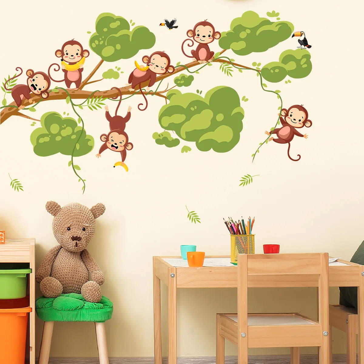 2pcs Cartoon Animal Monkey Vine Wall Sticker Children's Room Kindergarten Decorative Wall Sticker Bedroom Background Ms3105