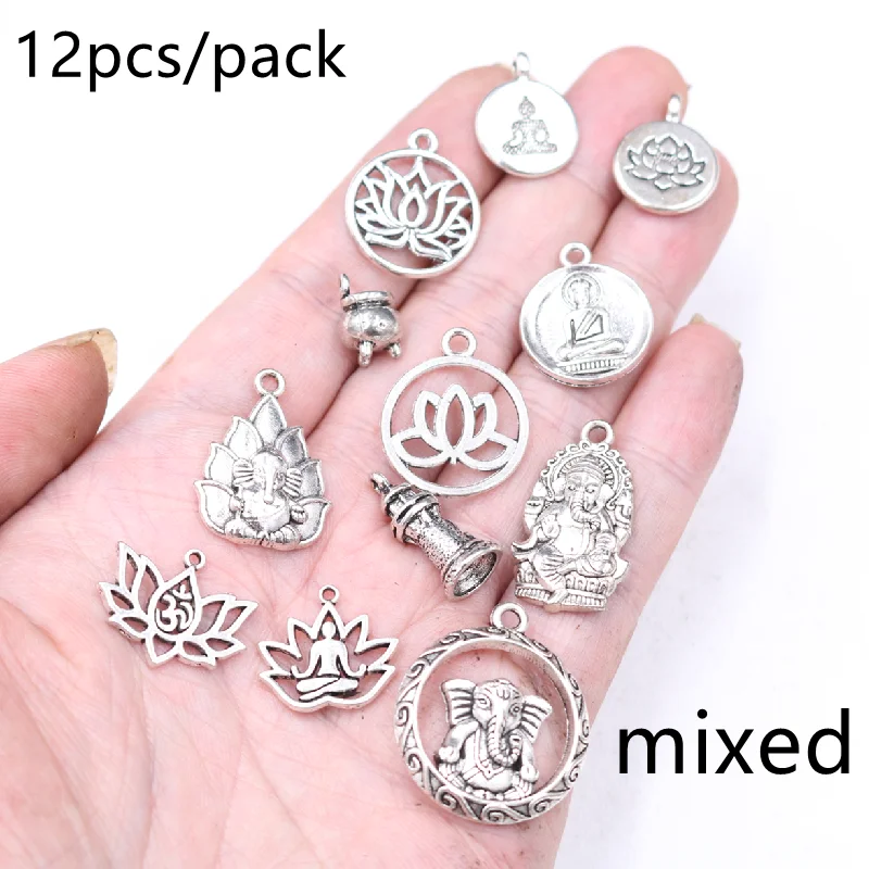 Vintage Silver Plated Buddhist Lotus Bodhisattva Pagoda Ganesha Pendant DIY Charm Bracelet Necklace Jewelry Crafts Making P2706