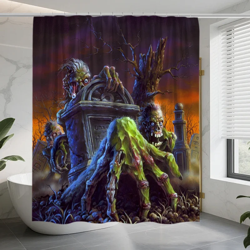 Zombie Graveyard Shower Curtain, Horror Halloween Pattern Waterproof Bath Curtain, Scary Cemetery Bathroom Decor for Men