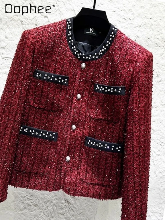 

Light Luxury Handsome High-end Beading Rhinestone Tweed Red Men Jacket Autumn Vintage Fashion Round Neck Long Sleeve Jackets