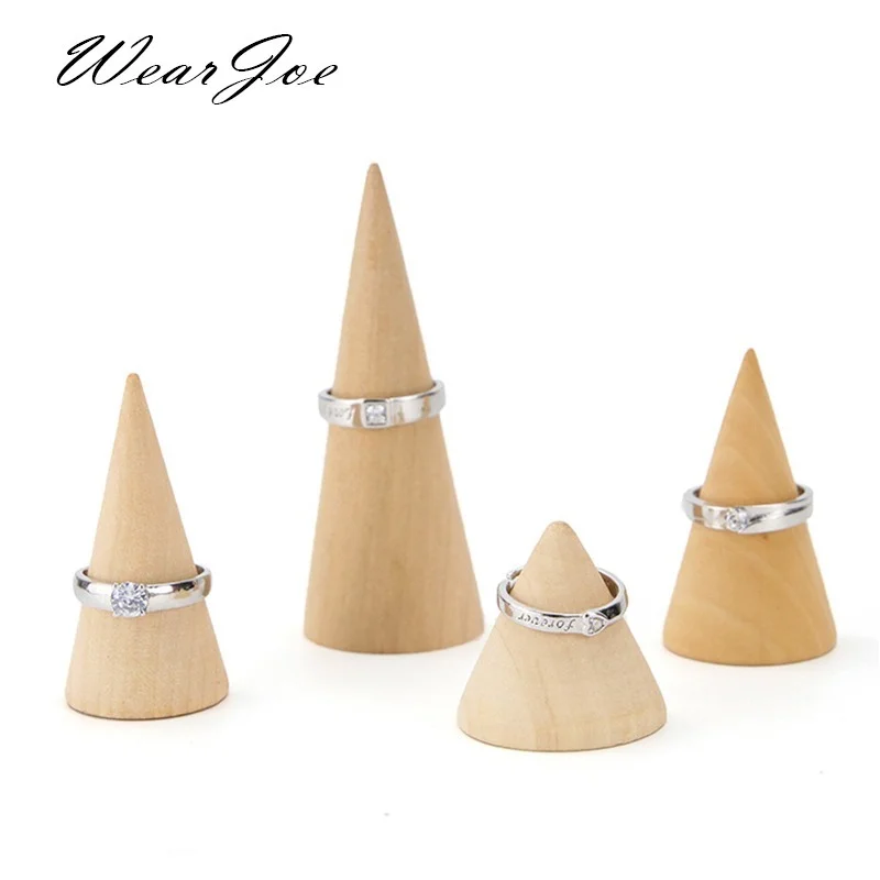 Vintage Natural Unpainted Wood Finger Cone Ring Holder Bague Jewelry Display Stand Organizer Storage Rack Showcase for Exhibit
