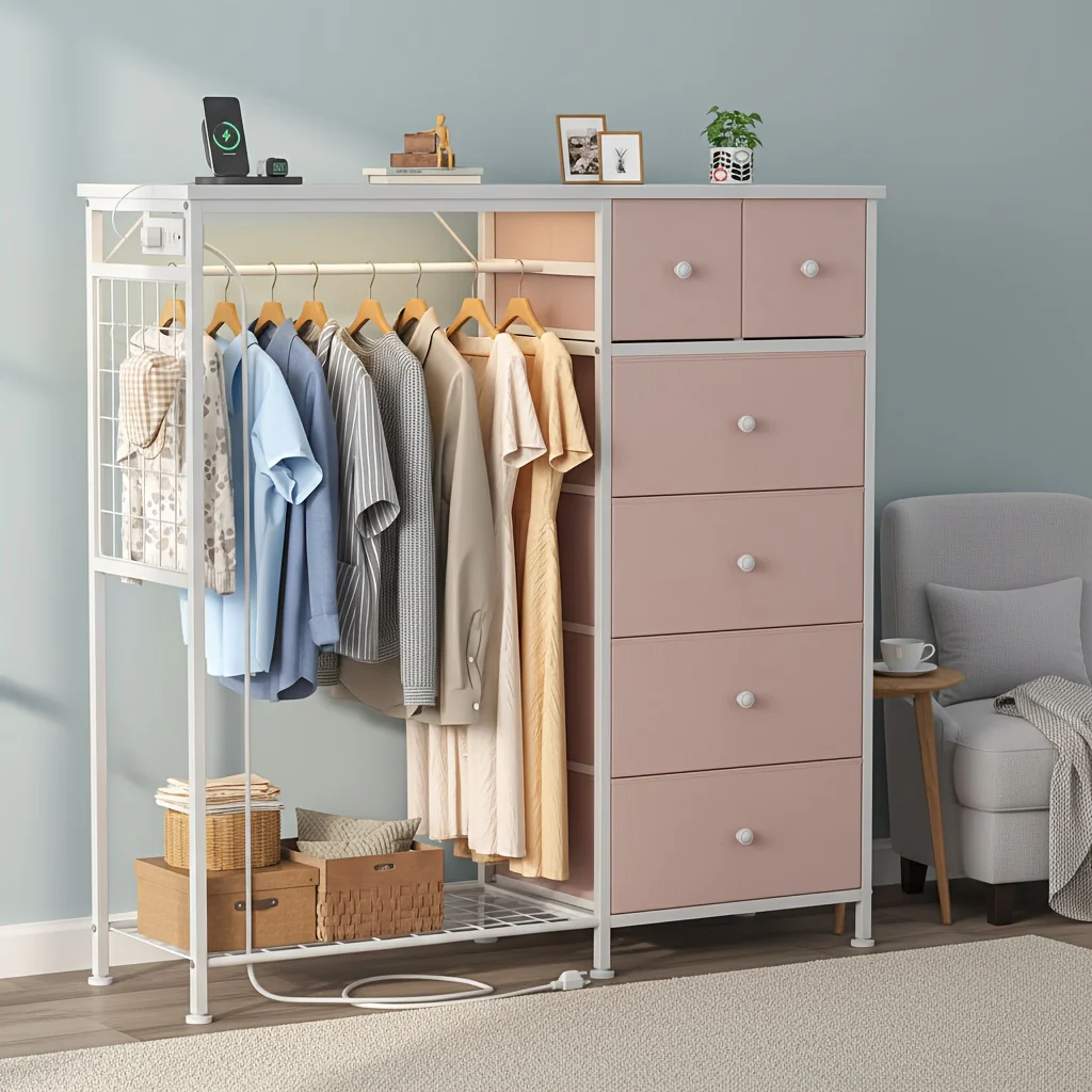 

Dresser with LED Lights And Charging Station for Bedroom - 6-Drawer Fabric Storage Dresser with Hanging Rack, Sturdy Wooden Top, Stable Anti-Tip Design, Perfect for Modern Homes & Apartments LODEIJA