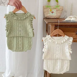 2024 New Summer Newborn Baby Girls Clothing Set Sleeveless Knitted Hollowed Out Vest+Shorts Toddler Baby Girl Clothes Suit